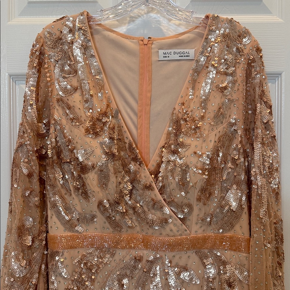 Mac Duggal 5222 Pink Sequined Faux Wrap Split Long Sleeve Gown Size 10 NWOT - Picture 6 of 10